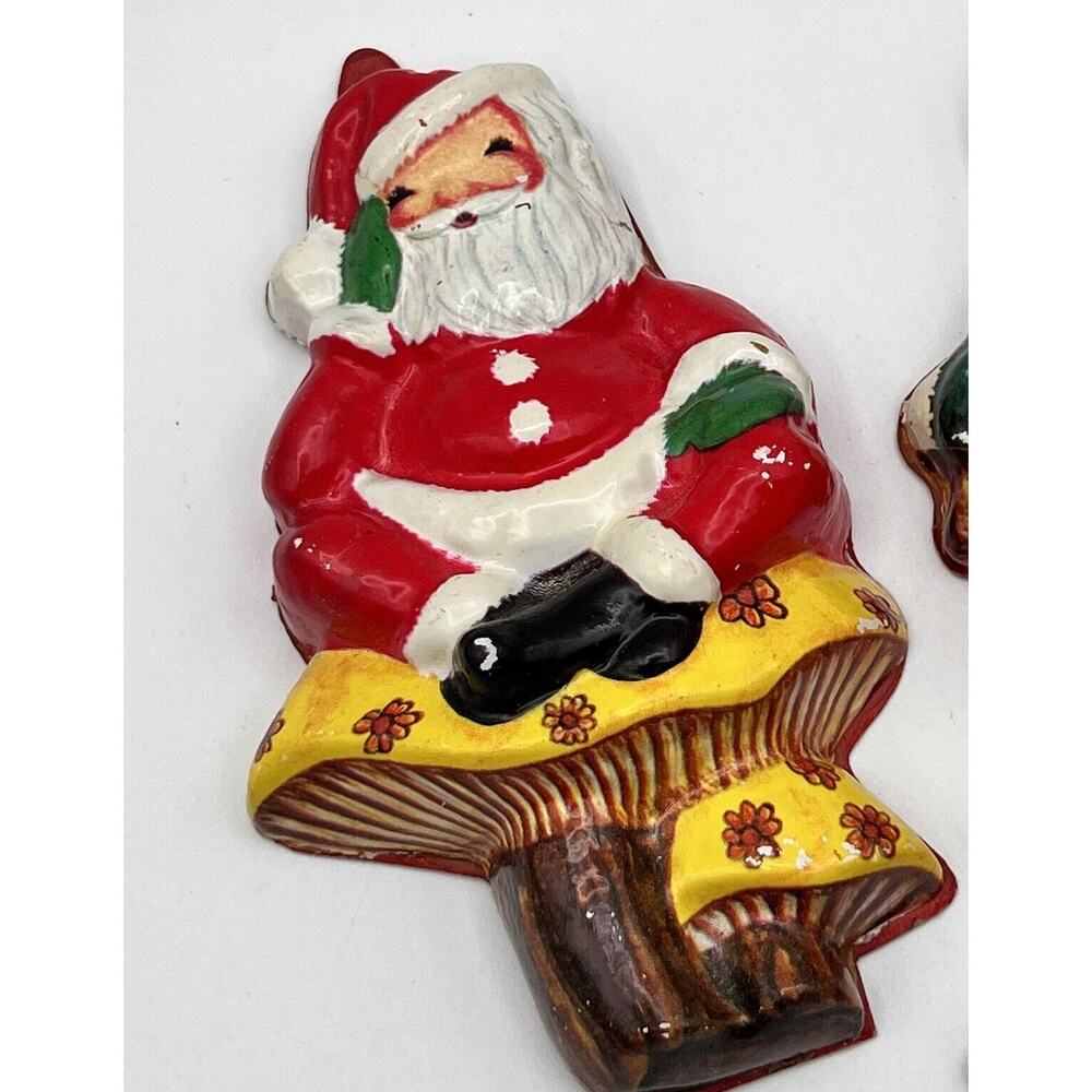 Large Vintage Celluloid Santa Sitting on Mushroom Christmas Ornament 5" RARE 70s